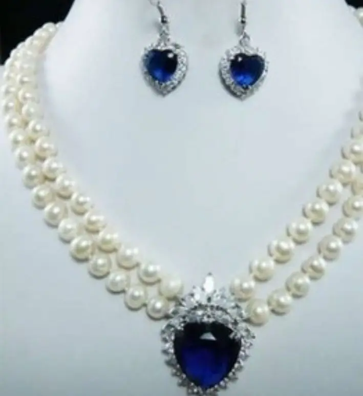 

7-8mm White Pearl Blue Crystal Pendant Necklace+Earring DS+E+W+E+A+6+C+F