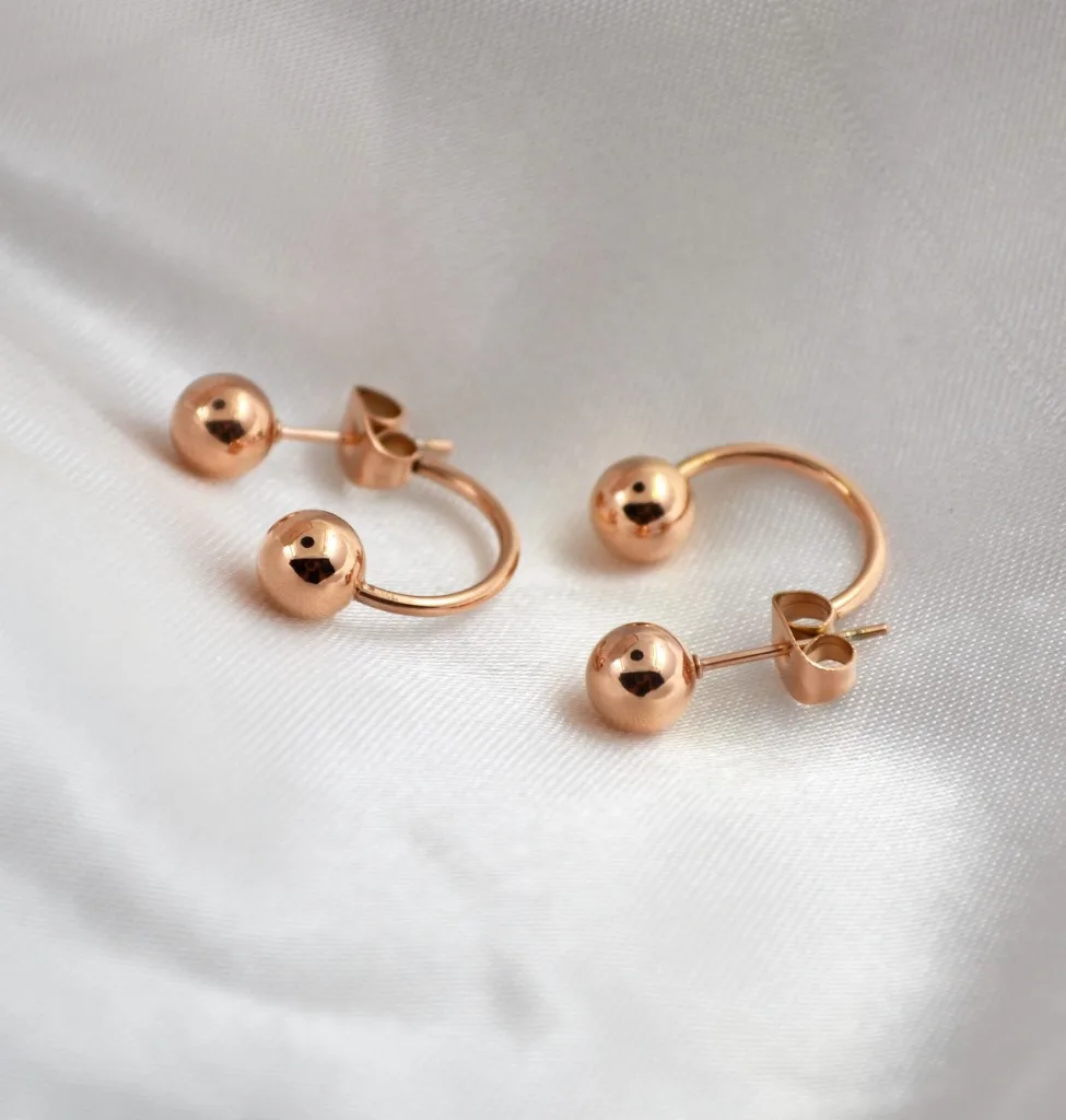 Rose gold color double stainless steel ball stud earrings for women