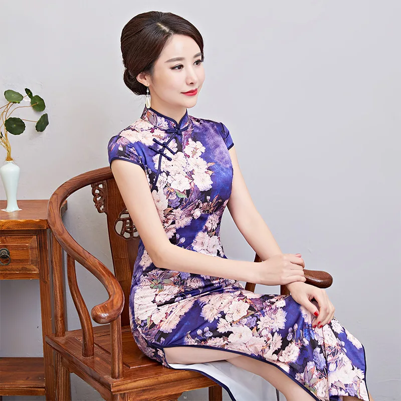 Elegant Chinese Style Evening Dress Classic Print Flower Satin Sexy Qipao Female Slim High Slits Long Cheongsam