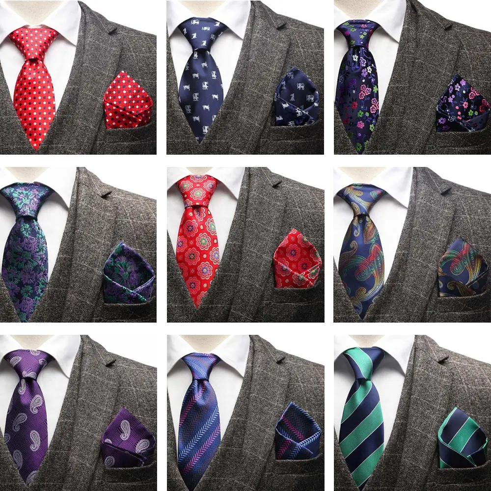 

YISHLINE NECK TIE & HANDKERCHIEF SET CARTOON PLAID STRIPED FLORAL JACQUARD TIES POCKET SQUARE FOR MAN WEDDING BRIDEGROOM RED