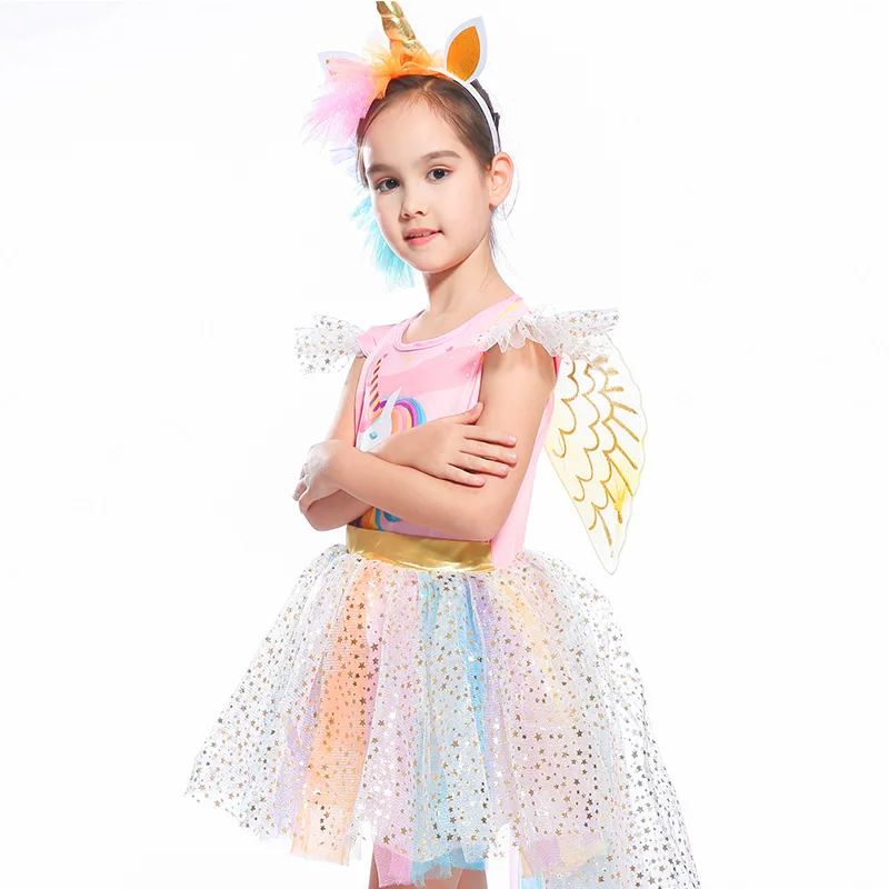 Костюм единорога для девочек, повязка на голову с золотыми крыльями, комплект для детей, тематическая вечеринка Хэллоуин, платье, детское Радужное платье-пачка с пони, обруч для волос