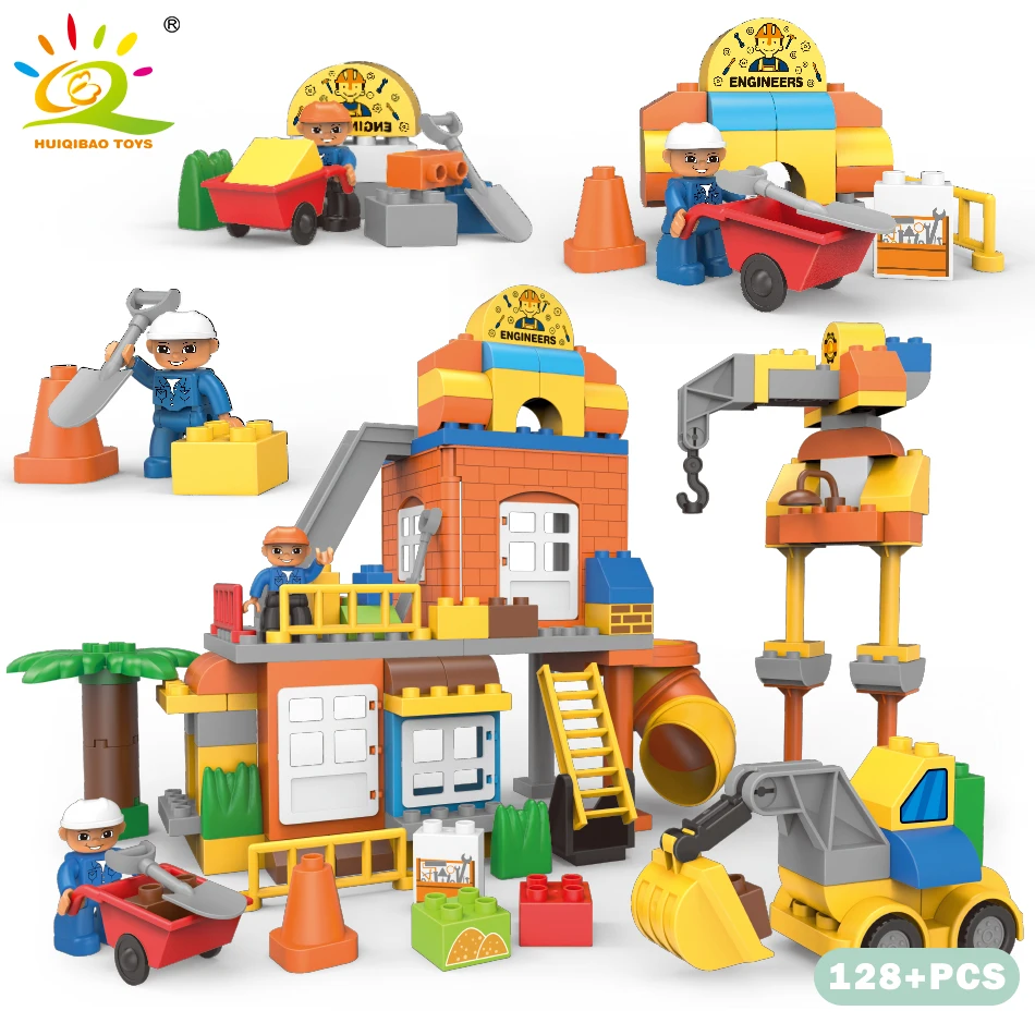 

128pcs Duplo Series Engineering Construction House Building Blocks Compatible Legoed City Worker Figures Large Bricks For Baby