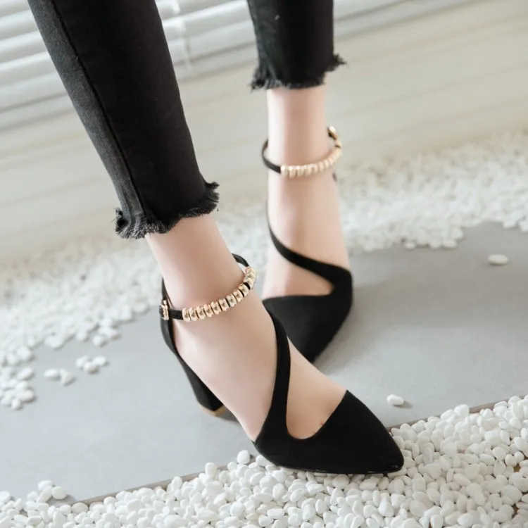 

Big Size 11 12 13 14 high heels sandals women shoes woman summer ladies Suede Coarse-heeled Spike Buckle Metal Decoration