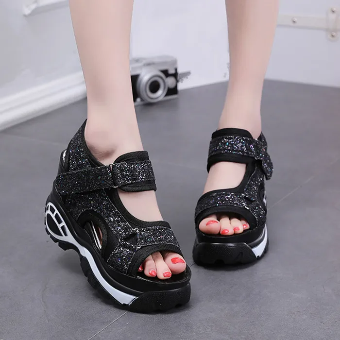 

Fashion Peep Toe Wedges Women Sandals Sequined Cloth Summer Platform Height Increased Women Shoes Sporty Casual Sandals XZ175