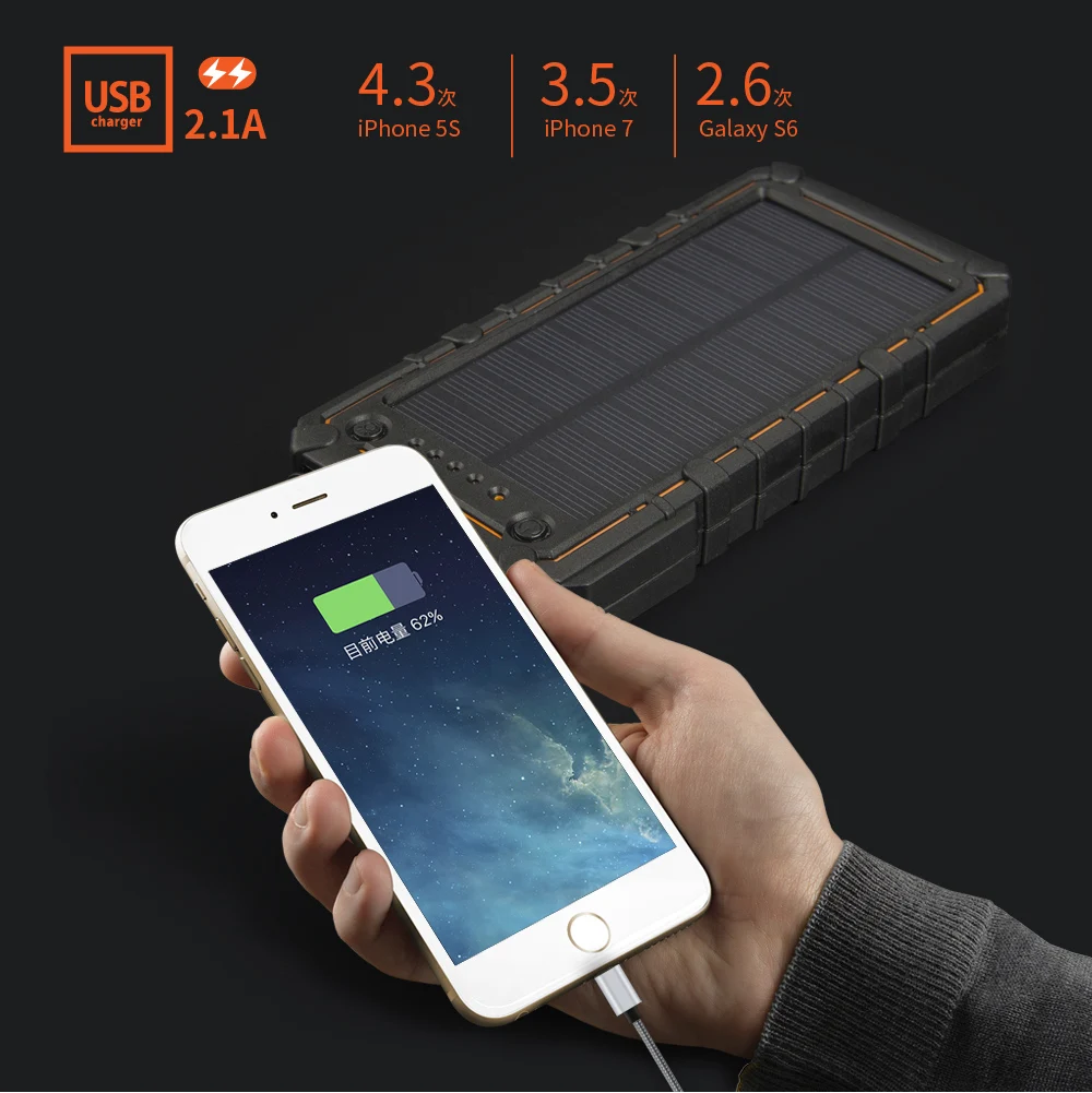  Waterproof 10000mAh Solar Power Bank External Battery Solar Powerbank Charger with SOS Strobe LED L