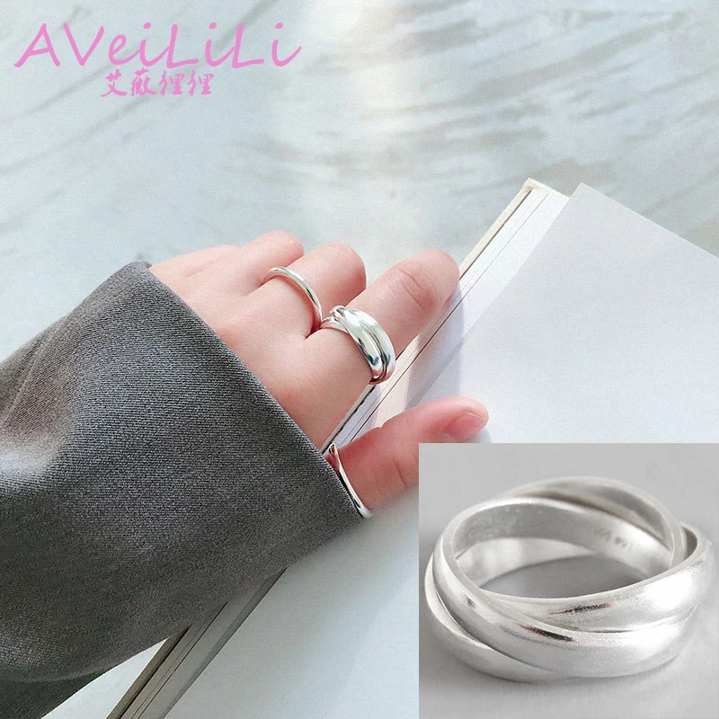 

999 sterling silver Rings jewelry Three-layer 4mm matte curved circle Wedding Bands Rings silver woman