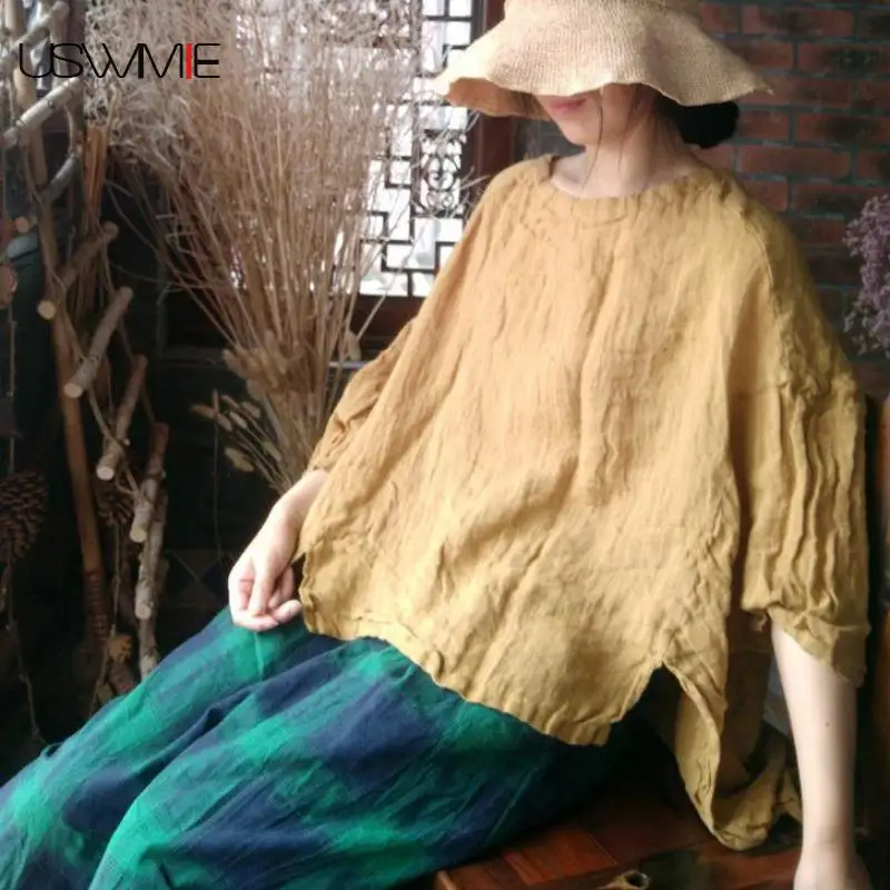 

USWMIE 2018 Summer Women Blouses O-neck Joker Solid Color Irregular Hem Shirt Nine Points Sleeve Loose Comfort Breathable Tops
