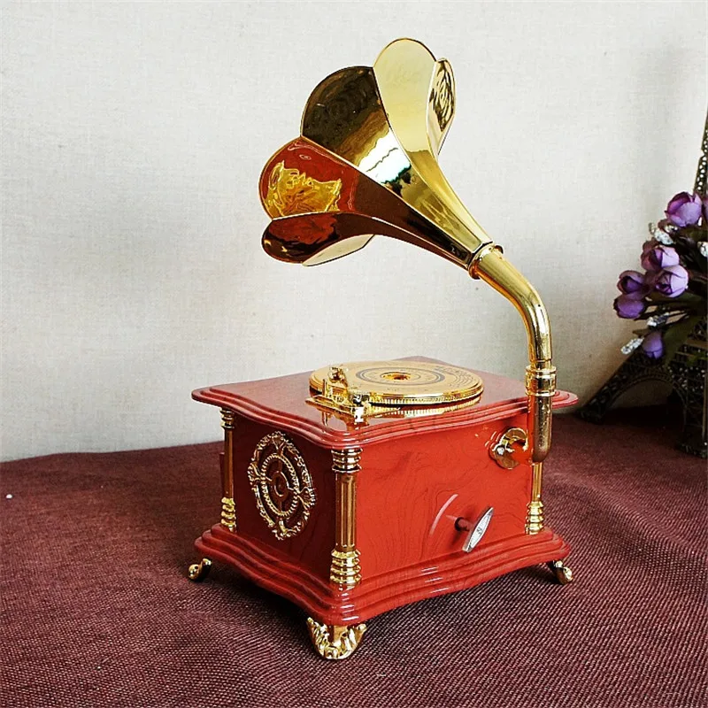 Strongwell винтажная красная Музыкальная шкатулка с граммофоном, шкатулка для ювелирных изделий, механическая музыкальная шкатулка, поворотный механизм, свадебный подарок