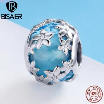 

BISAER 925 Sterling Silver Daisy Flower Beads Light Blue Orchid Flower Charm fit Original Bracelets Silver Jewelry Making ECC878