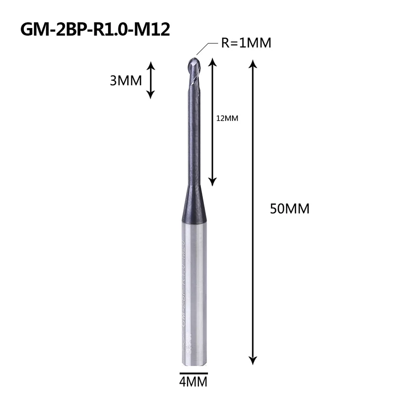 GM-2BP R1.0-R2.5 твердосплавная Концевая фреза 2 флейты с круглым носом и длинной шеей с коротким отрезным краем с покрытием фрезерный станок с ЧПУ режущие инструменты - Длина режущей кромки: GM-2BP-R1.0-M12