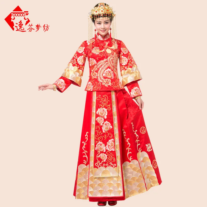 Новинка 2017 года Китайская свадьба cheongsam красный Вышивка дворец одежда свадебное платье с разрезами по бокам и воротником-стойкой длинный