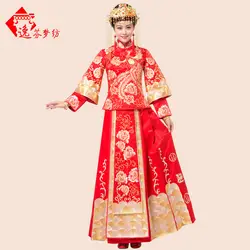 Новинка 2017 года Китайская свадьба cheongsam красный Вышивка дворец одежда свадебное платье с разрезами по бокам и воротником-стойкой длинный