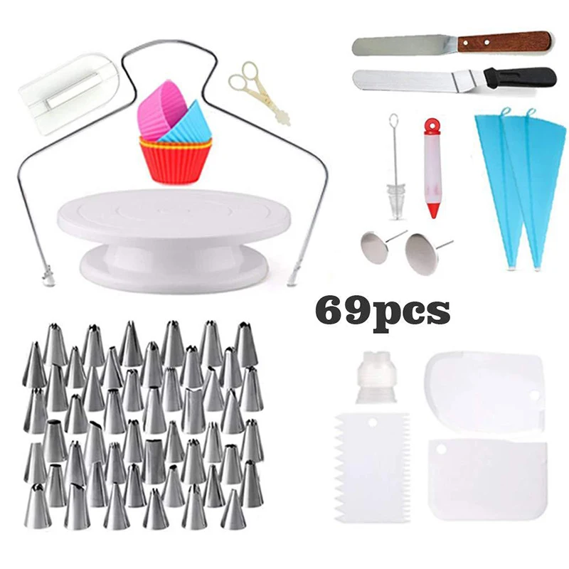 

Hifuar 69pcs Baking Tools Set Turntable Piping Tip Stainless Steel Nozzles Pastry Bag Cake Cutter Set DIY Cake Decorating Tools
