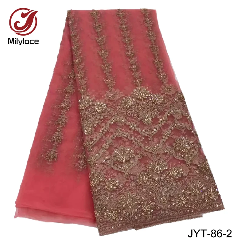 

Nigerian lace fabric colorful design french lace fabric watermelon red stones tulle lace fabric JYT-86