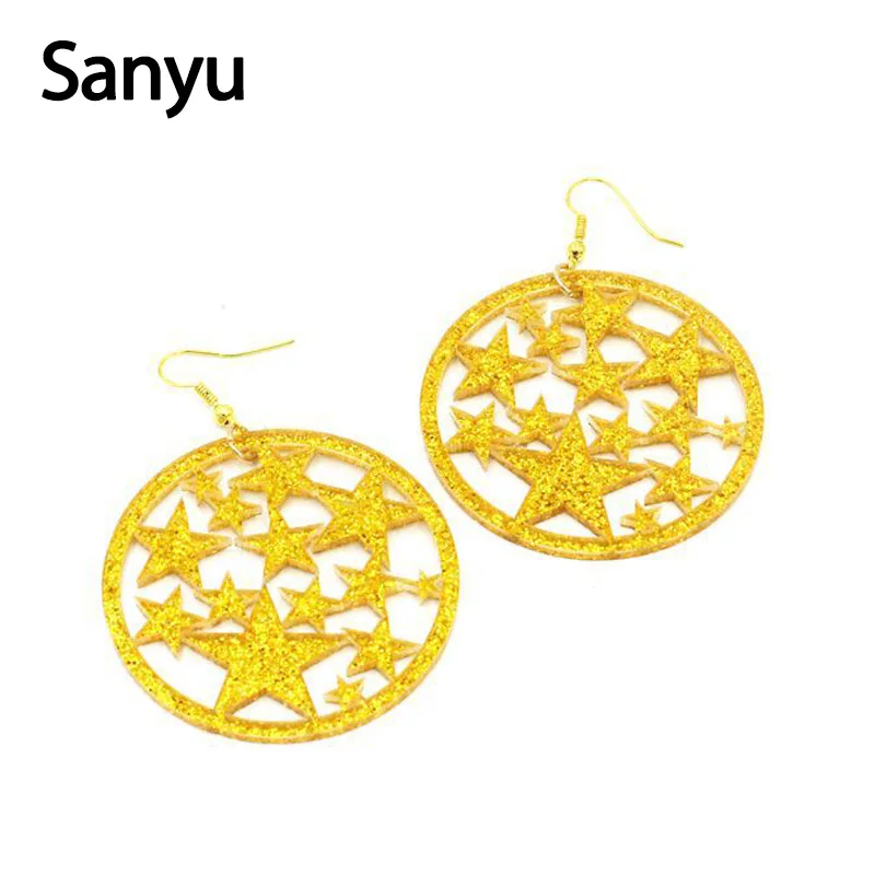 

Cool Lovely Hollow Out Big Circle Shining Gold Silver Stars Acrylic Drop Earrigns for Ladies Girls Geometric Earrings Female