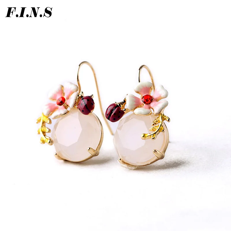 

F.I.N.S Romantic Chic Earrings For Women Boho Style Fresh and Natural Enamel Wildflowers Drop Earrings Round Crystal Earring