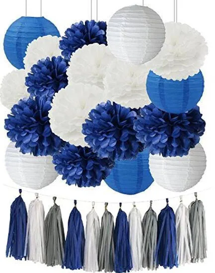 

Whole DIY Paper Hanging Decoration Set with Navy Blue White Tissue Ball Good for birthday Wedding Baby Shower Home Decoration