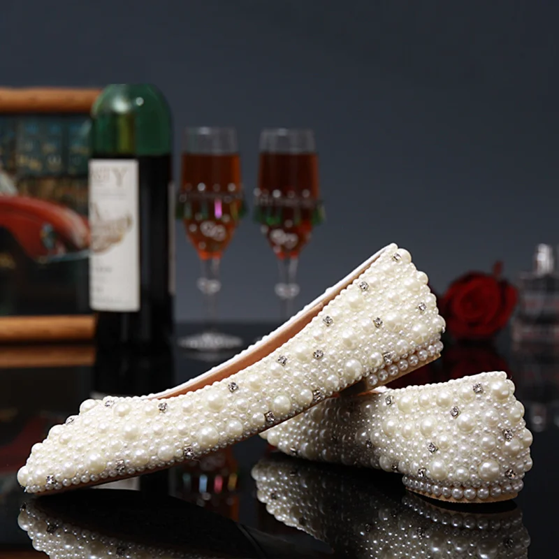 

19ss New pearl bridal wedding single shoes white crystal rhinestone dress women's shoes