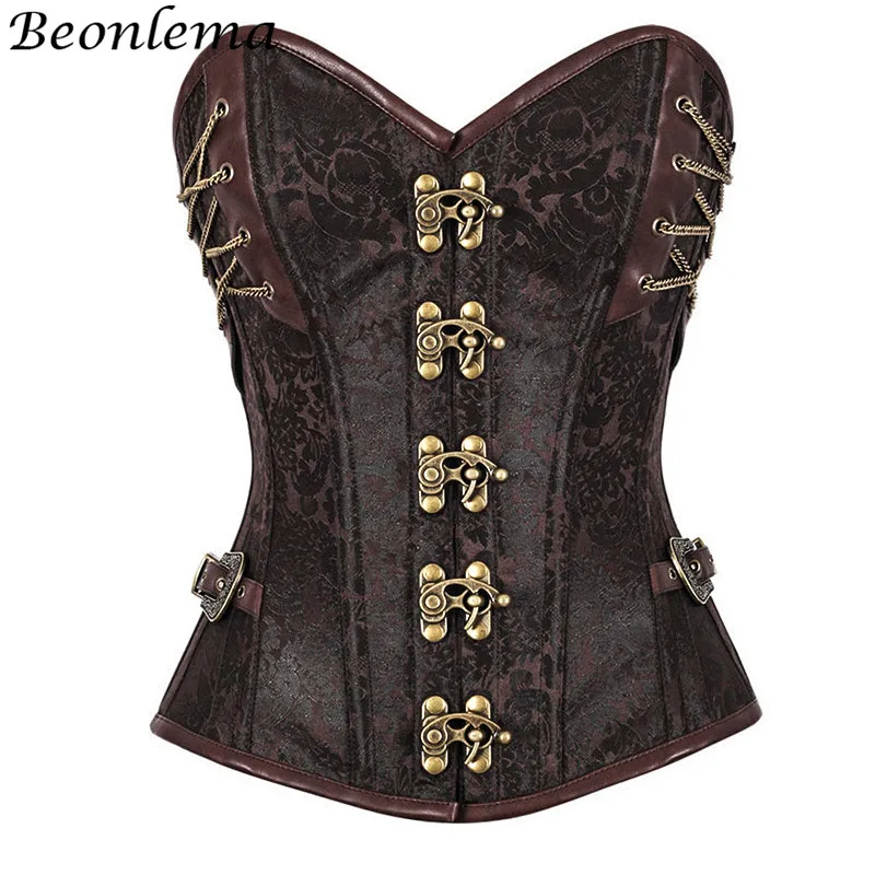 

Beonleam Steel Boned Steampunk Corset Metal Buckle Brown Embroidery Bodice Lacing Up Top Women Sexy Bustiers Corset Tight Lacing