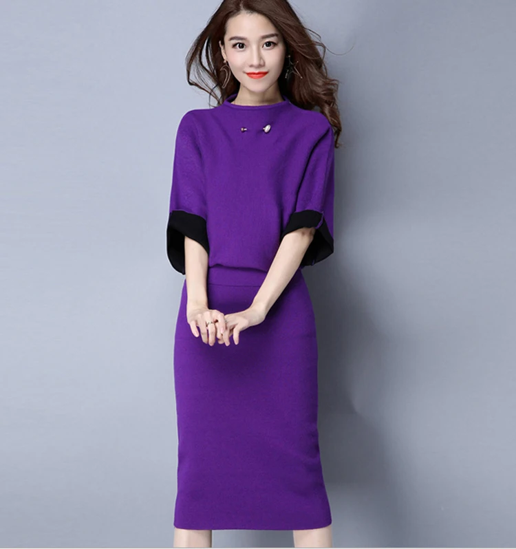 women high quality sweater skirt suit set autumn winter (4)