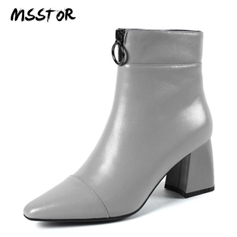 

MSSTOR Zipper Pointed Toe Boots Women 2018 Office Elegant Thick Heels Autumn Winter Black Boots Women Zipper High Heels Boots