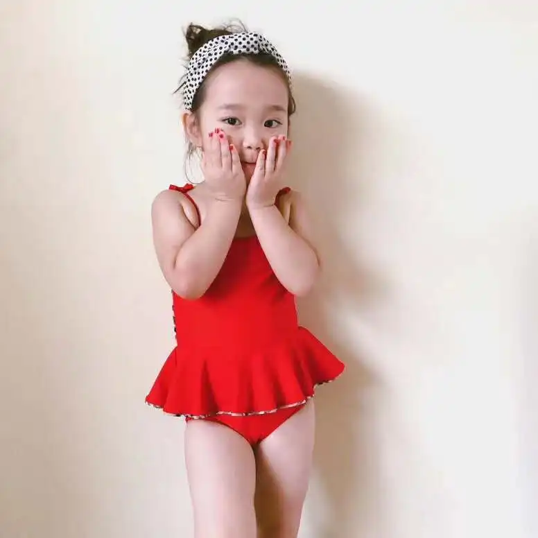 

2019 New Summer Toddler Kids Swimwear Baby Girls Red Solid Bikini Swimwear One-Piece Swimsuit Swimming Wears