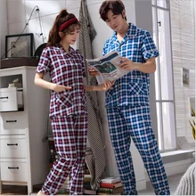 Летняя мужская повседневная клетчатая Пижама, наборы мужской хлопковый пижамный комплект, мужская рубашка с коротким рукавом и отложным воротником+ брюки XXXL