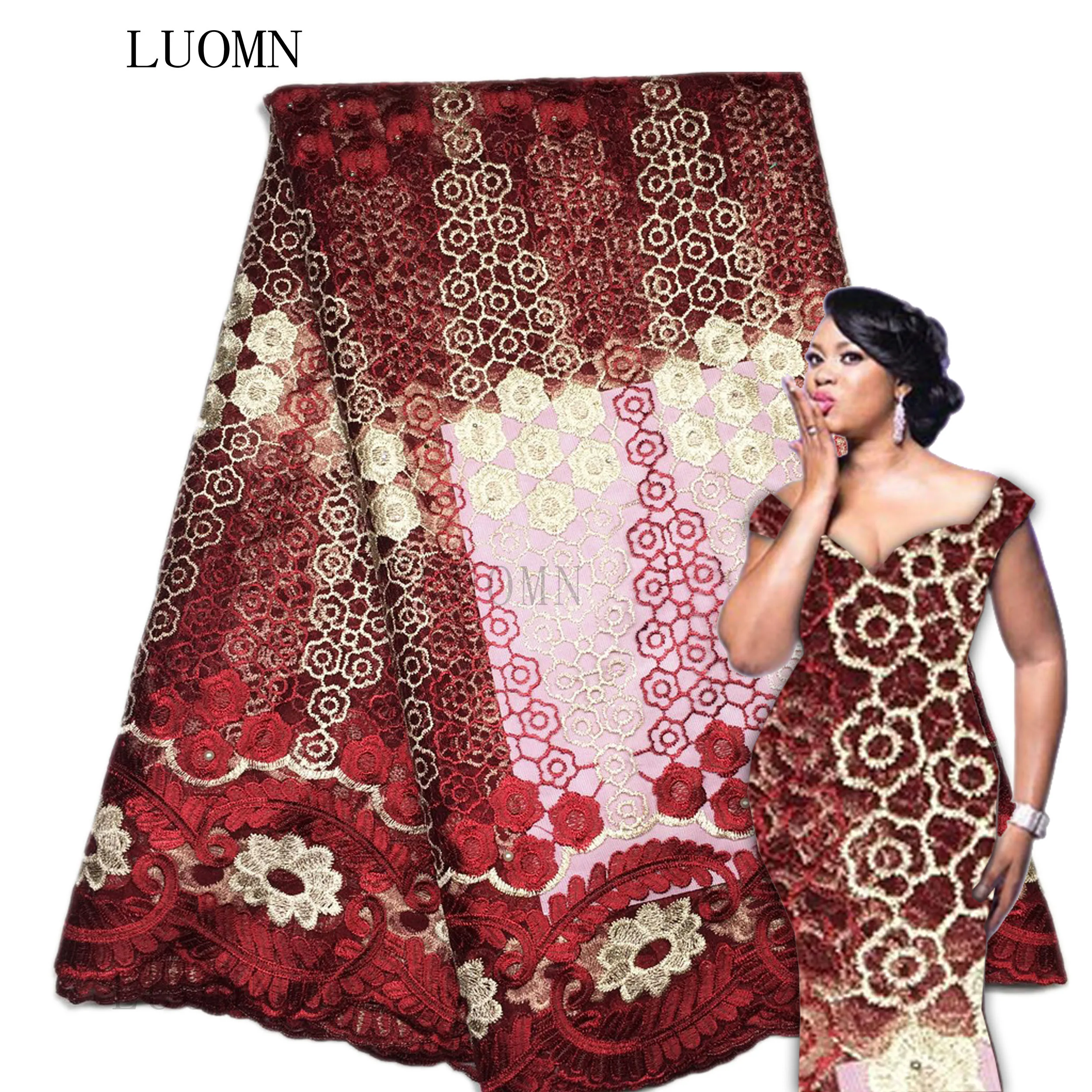 Лидер продаж французская кружевная ткань с большим камнем персиковый цвет