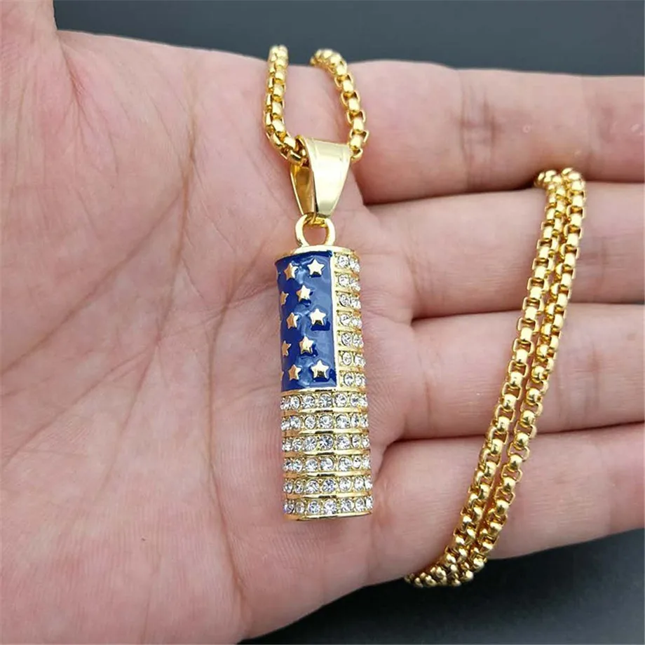 

American Flag,USA Patriot Freedom Stars 4th of july Cylinder Pendant Necklace Women Men Gift Stainless Steel Jewelry