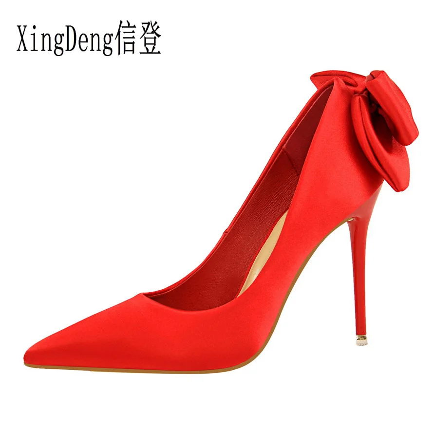 XingDeng Women Satin Bow Tie Sweat Wedding Party High Heels Pumps Shoes