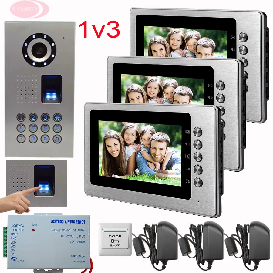 

SUNFLOWERVDP Video Doorphone Systems Kit 7'' Color Monitor 3 Apartment Doorbell CCD Camera Fingerprint/Code Unlock Security Door