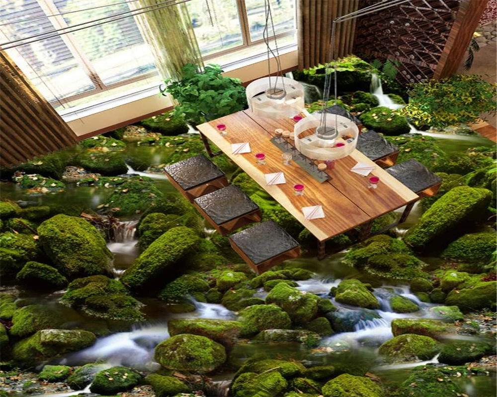 Beibehang Custom photo 3d flooring wallpaper river waterfall moss 3D wallpaper PVC self-adhesive waterproof flooring wallpaper