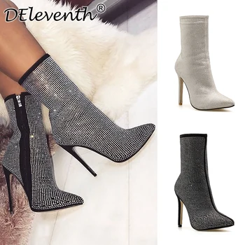 

Brand Design new fashion women's shoes ankle boots sexy thin high-heeled pointed toe crystal glitter gladiator winter woman boot