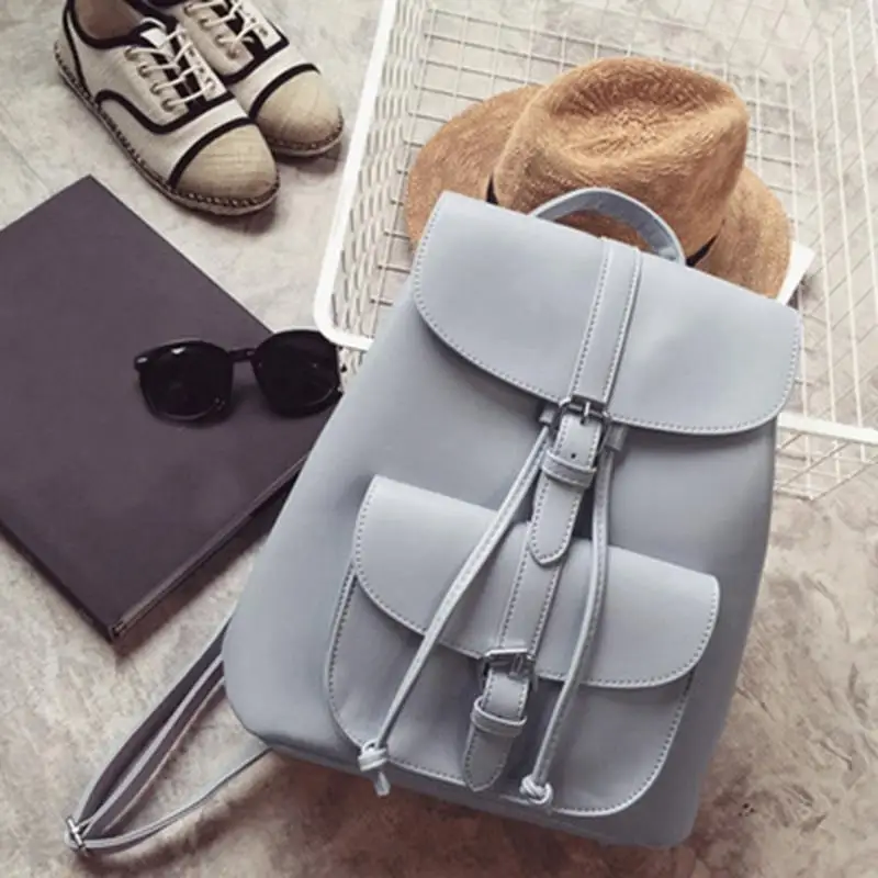 

AUAU-Fashionable Women's Pull-Rope Pu Leather Backpack Belt Decoration Schoolbag Student Shoulder Bag(Light Grey)