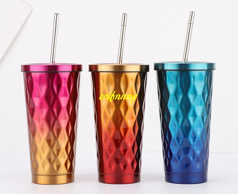 30pcs/lot 500ml 304 stainless steel diamond shaped straw cup outdoor portable car cup coffee cup