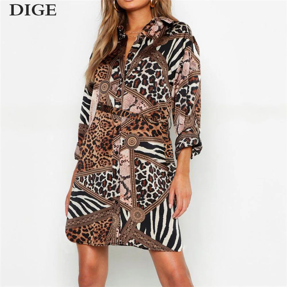 

Animal Leopard Snake 2019 Dress Women Summer Chiffon Shirt Dress Vintage Print Casual V-Neck Mini Sexy Party Dress Robe Femme