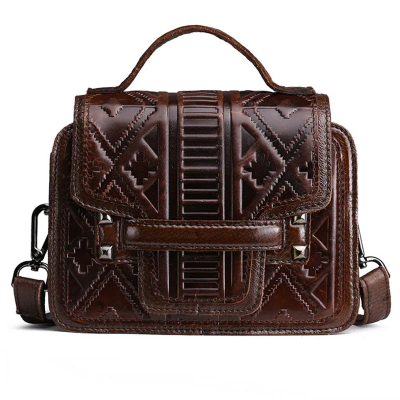

New Women's Oil Wax Genuine Leather First Layer Cowhide Vintage Embossed Handbag Travel Leisure Crossbody Shoulder Bag