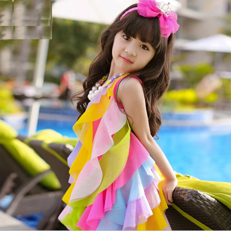 

DKDGNY 2018 The girl Princess Dress summer children new gold beach Rainbow Dress Cinderella Belle Snow girl dresess