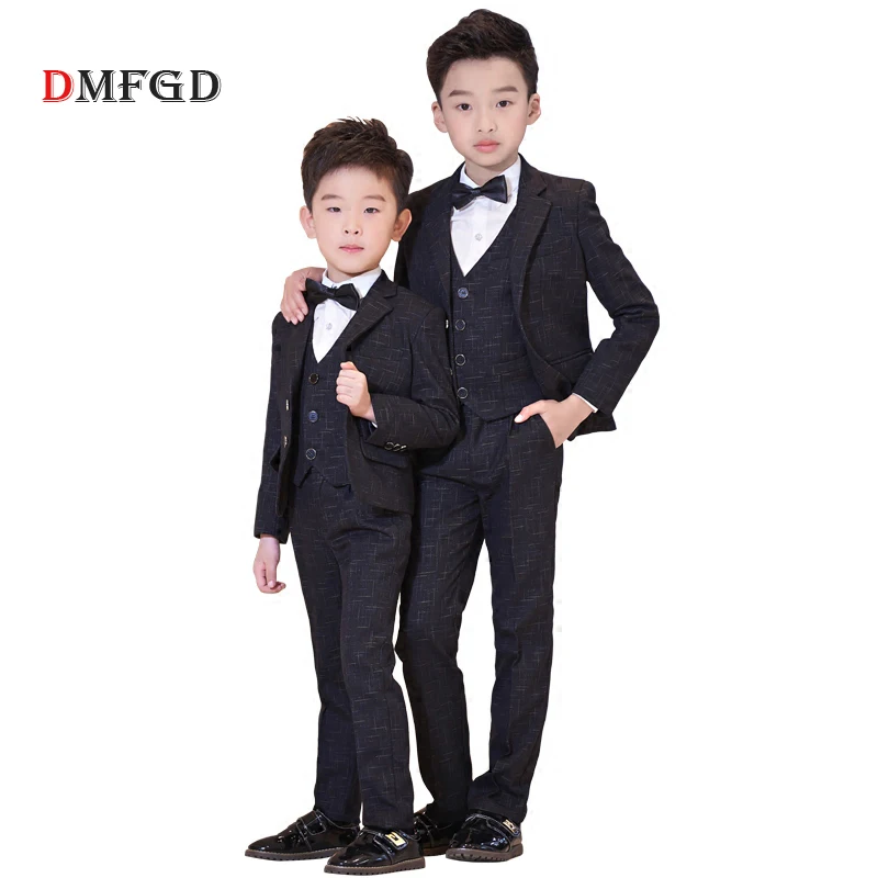 

New Kids boy suits set for boys clothes black plaid jacket+trousers gentleman formal party clothing suits sets teenage costume