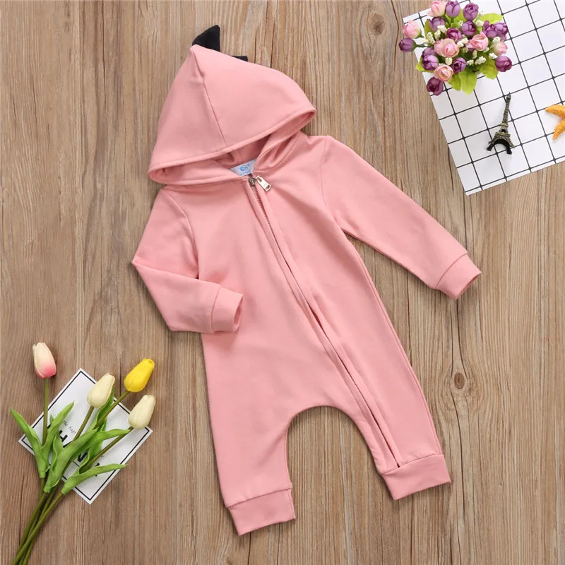 Повседневная одежда для новорожденных; одежда для маленьких мальчиков и девочек; комбинезон с длинными рукавами, на молнии, с капюшоном и рисунком динозавра; комбинезон; цельнокроеная хлопковая одежда - Цвет: Розовый