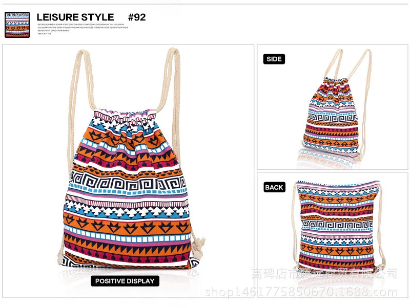 ZYJ Casual Stripe Drawstring Backpack Bohemia Girls Linen Draw String Backpack Daypack Mochila Shopping Bag (5)