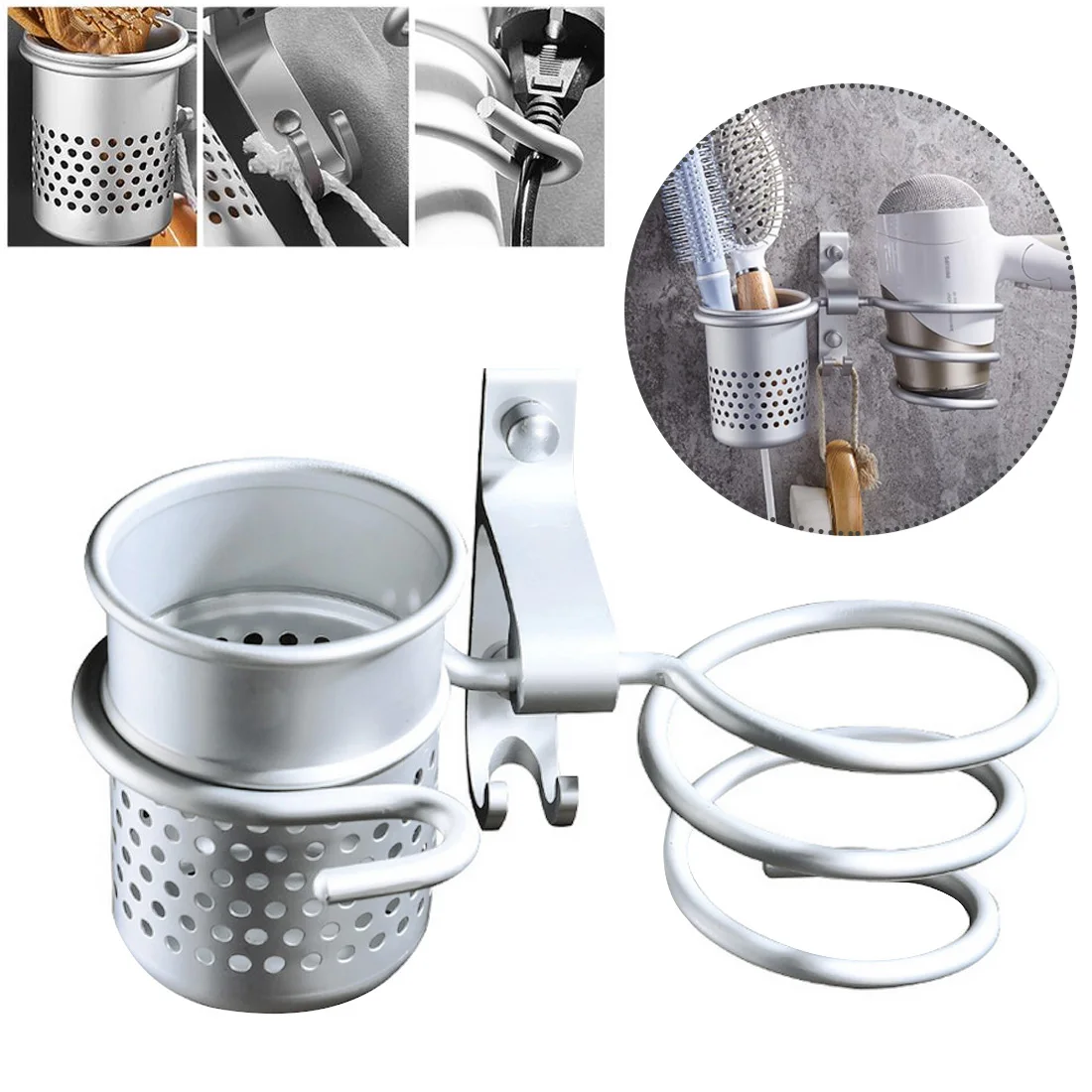 

Bathroom Hair Dryer Holder Wall Mounted Rack Save Space Aluminum Multipurpose Toilet Shelf Comb Storage Hair Dryer Rack Gold