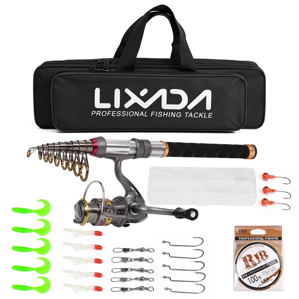 

Lixada Telescopic Fishing Rod Reel Combo Full Kit Spinning Reel with 100M Line Lures Hooks Jig Head Carrier Bag for Pesca