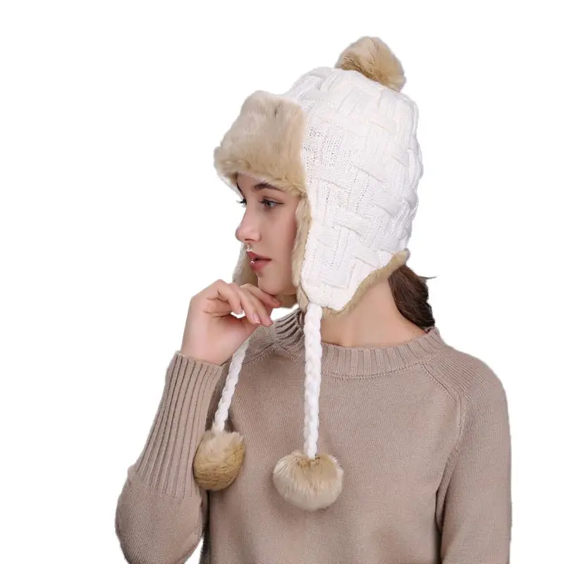 11 Styles Women Winter Thicken Lining Earflap Hat Knitted Contrast Color Snow Ski Beanie Cap Pompom Ball Long Tassels Ear Warmer - Цвет: White(solid)