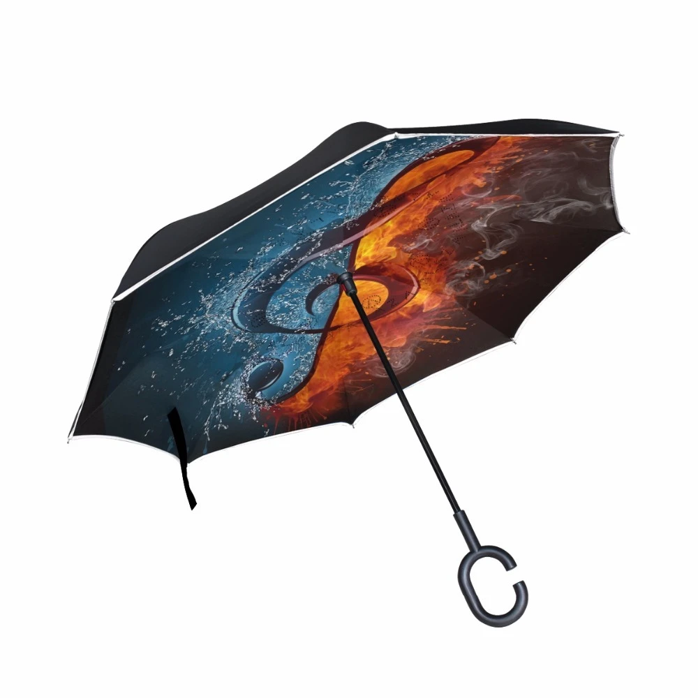 inverso con gancho en C para mujer y hombre, sombrilla invertida de doble capa con estampado de notas musicales|reverse umbrella|umbrella doubleumbrella for women - AliExpress