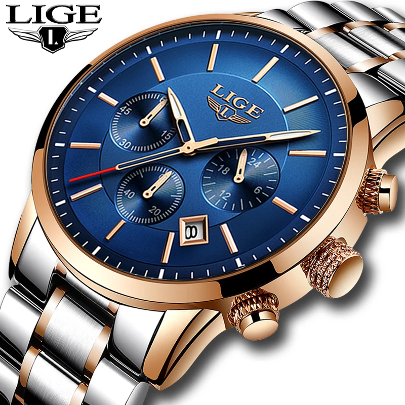 

LIGE Mens Watch Top Brand Luxury Military Sport Watches Mens Stainless Steel Waterproof Analog Quartz Clock Relogio Masculino