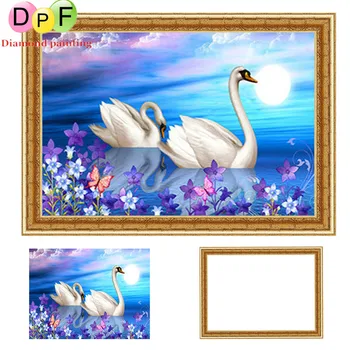 

DPF Framed swan Diamond Embroidery round Diamond Painting Diamond Cross Stitch Rhinestone home Decoration painting