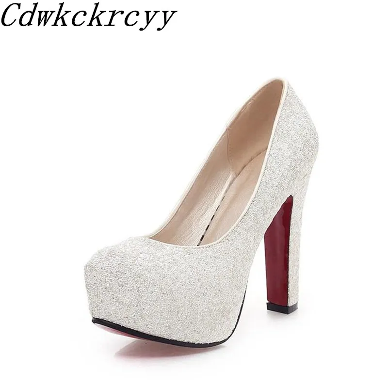 

Spring and Autumn New pattern fashion Round head temperament High-heeled white Golden blue Sequins banquet marry Women Shoes