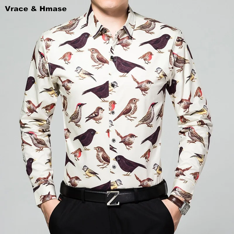 

Animal pattern birds printing fashion casual long sleeve men shirt New arrival mercerized cotton quality boutique shirt M-XXXL