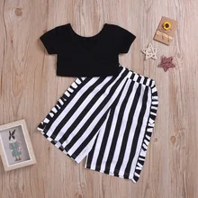 Модная одежда для маленьких девочек из 2 предметов черный укороченный топ с короткими рукавами+ широкие штаны в полоску, брючный комплект одежды